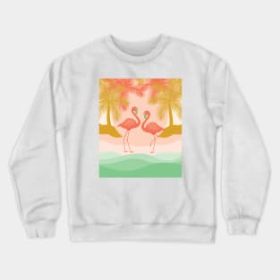 Boho illustration with Flamingos chilling out on the beach surrounded by palm trees. Crewneck Sweatshirt